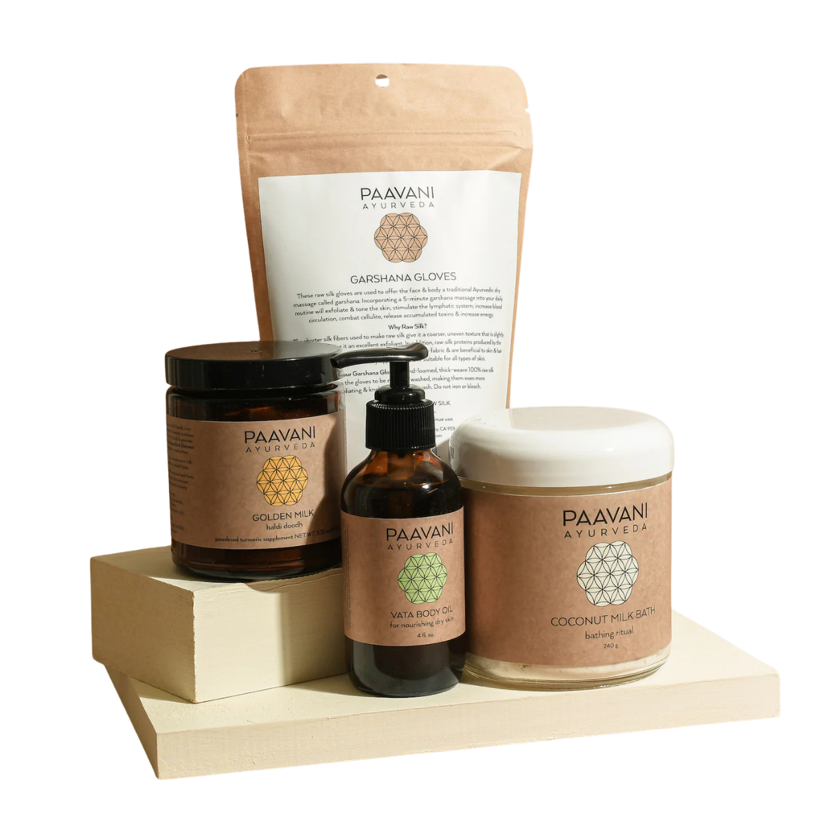 Simple bath stack for Ayurvedic self-care by Paavani Ayurveda, featuring natural ingredients for body, mind, spirit, and skin wellness.