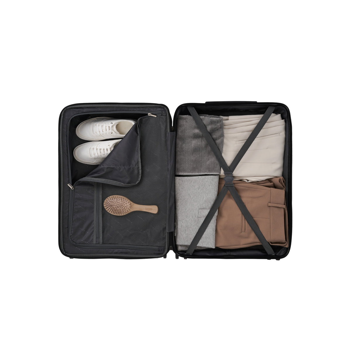 Bugatti Travel Brussels Medium Check-in luggage with black hard shell exterior and silver hardware, four spinner wheels, and TSA lock.