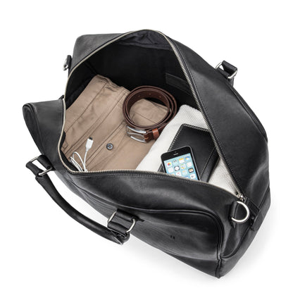 Black Colombia duffle bag by Bugatti Collections with interior view and included props.