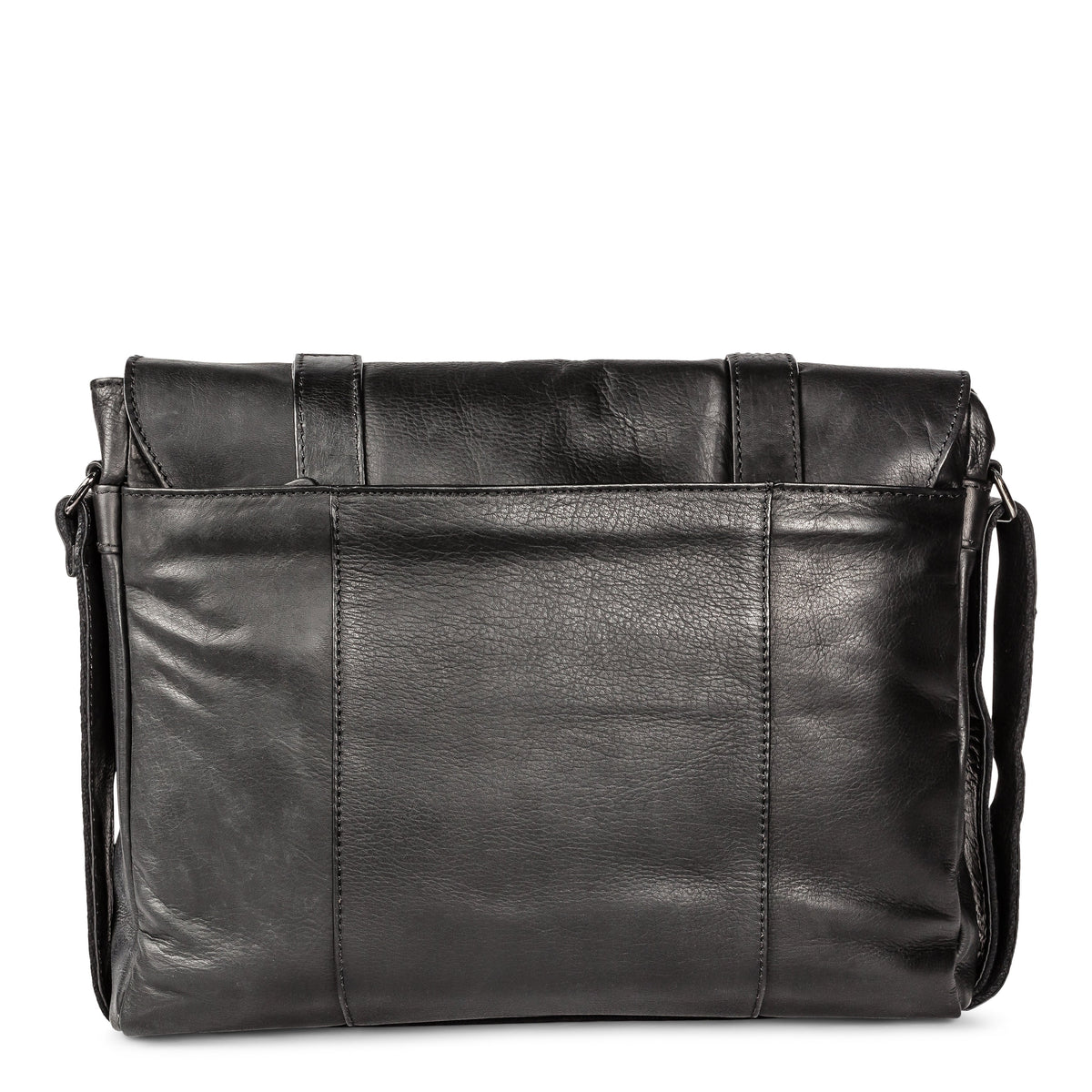 Black Bugatti Collections Colombia messenger bag with adjustable strap and multiple compartments, displayed from the back view.
