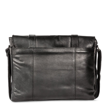 Black Bugatti Collections Colombia messenger bag with adjustable strap and multiple compartments, displayed from the back view.