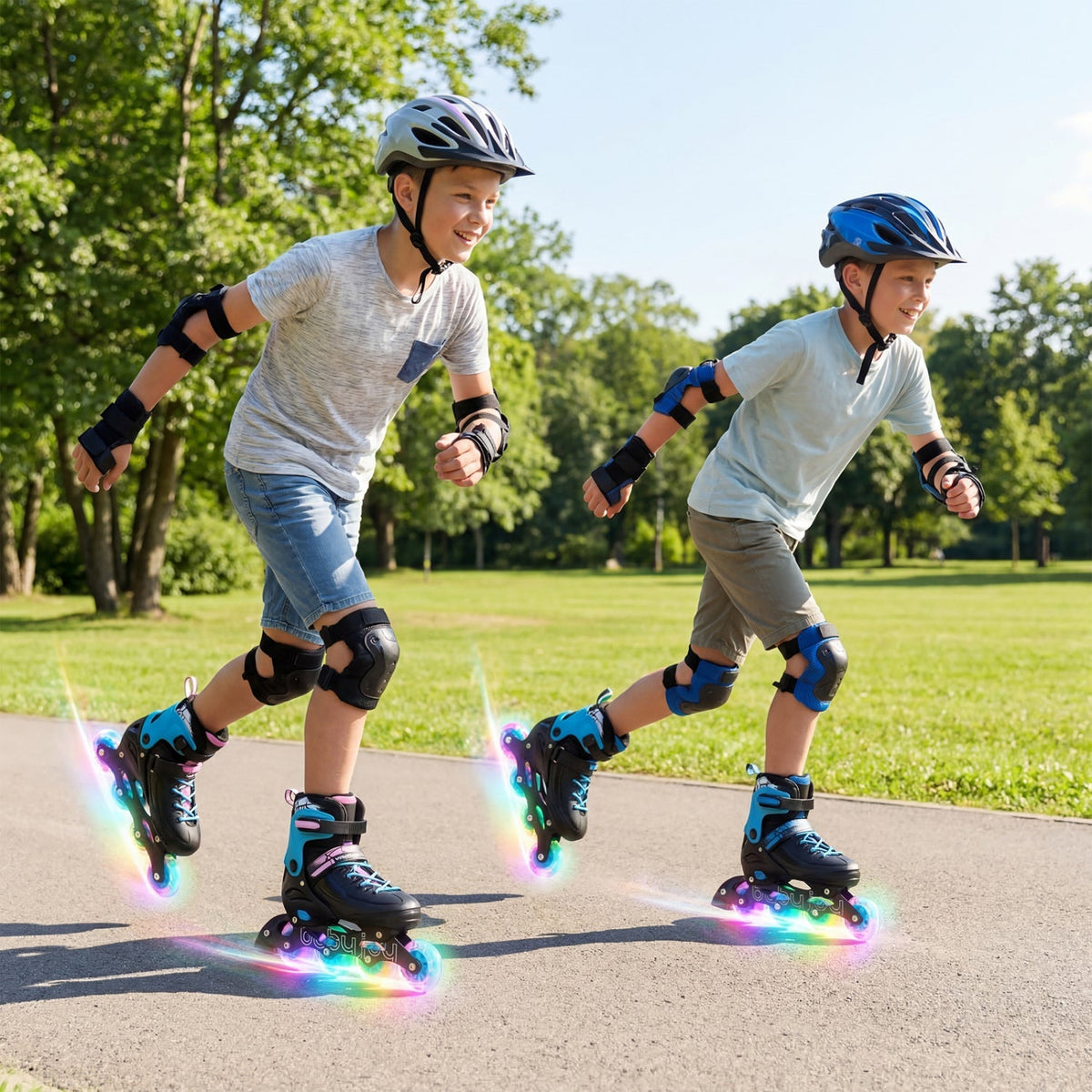 Adjustable light-up kids inline skates for ages 9-14 with colorful wheels and secure straps, designed for active children.