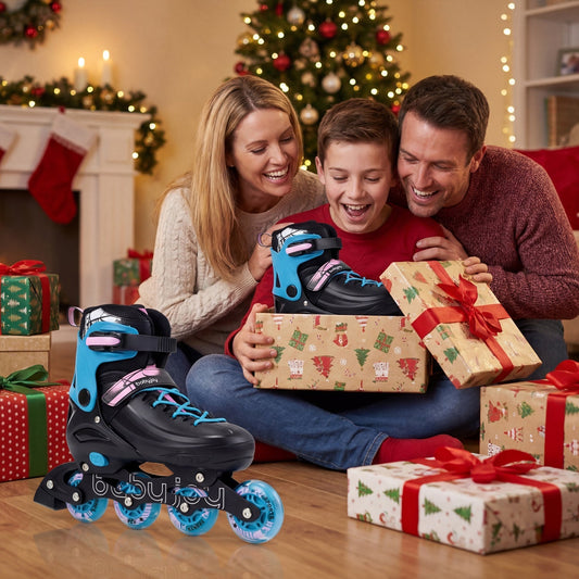 Adjustable light-up kids inline skates in size range 9-14 with colorful wheels and secure straps, perfect for young skaters.
