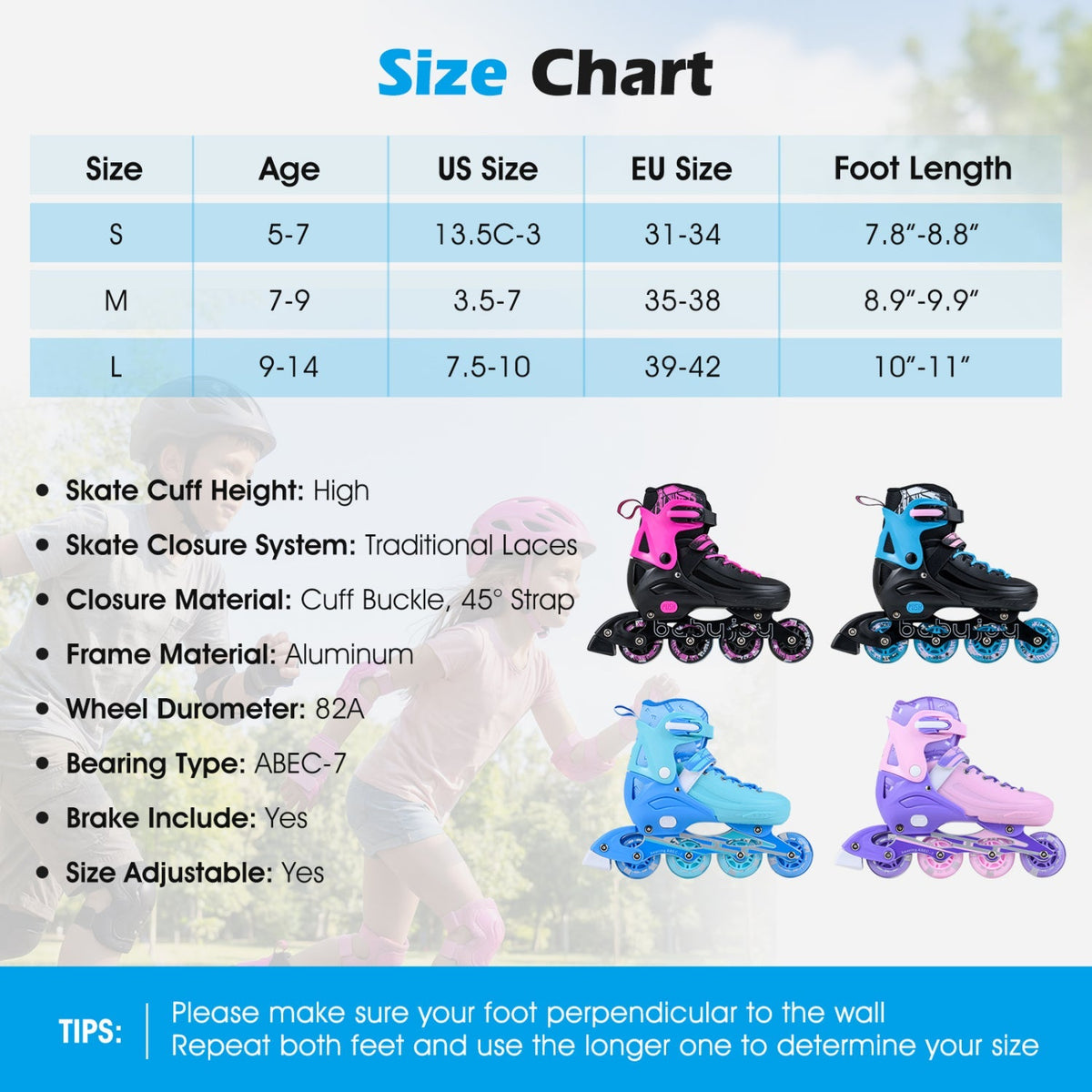 Adjustable light-up kids inline skates in size 9-14 with colorful wheels and secure straps for children aged 9 to 14.