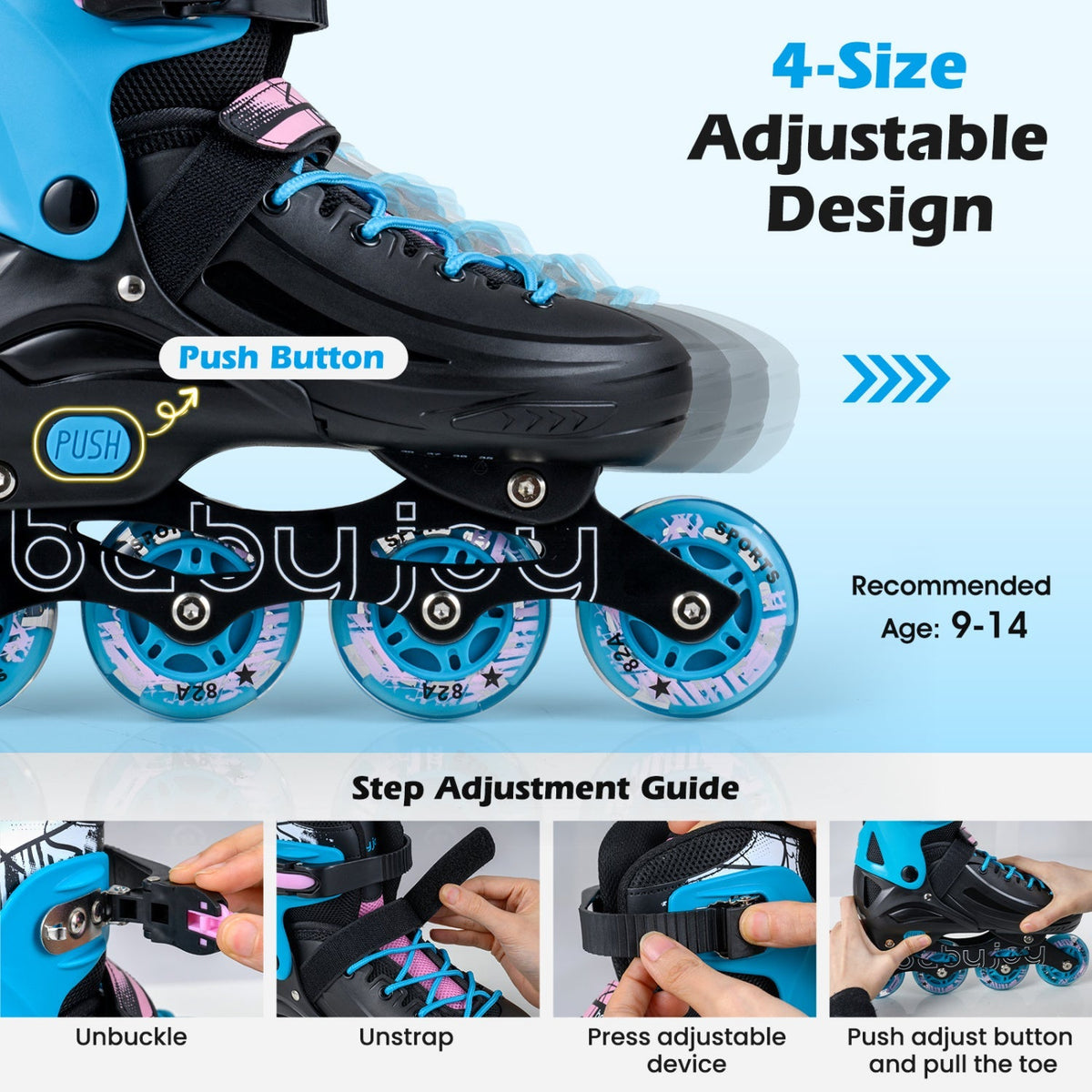 Adjustable light-up kids inline skates from GBruno Store, suitable for ages 9-14, featuring colorful wheels and secure straps.