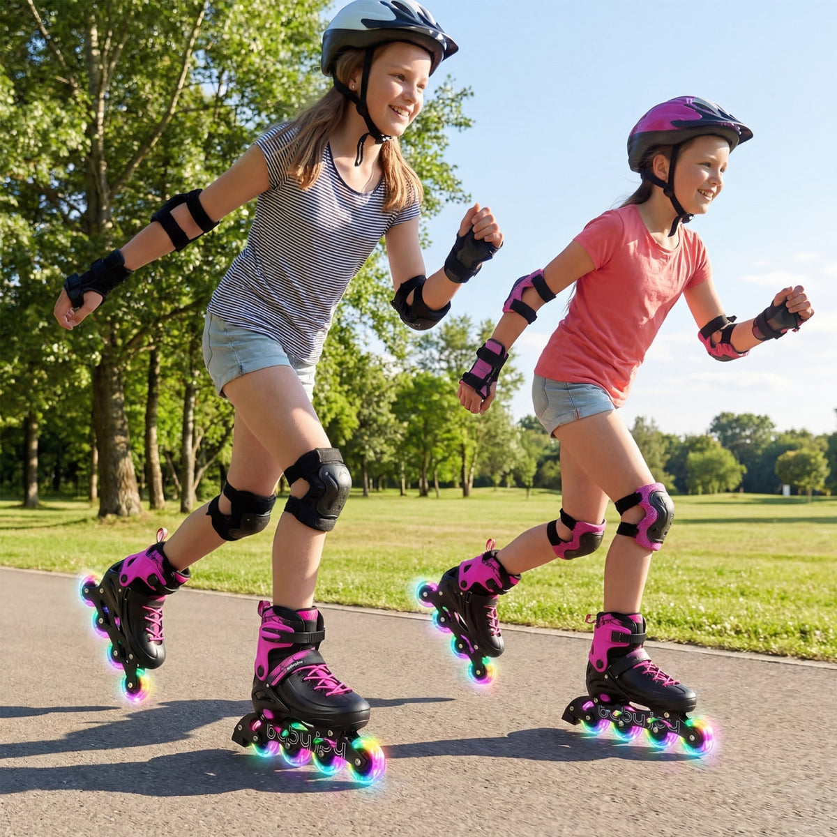 Adjustable light-up kids inline skates in size 9-14 with colorful wheels, designed for active children from GBruno Store.