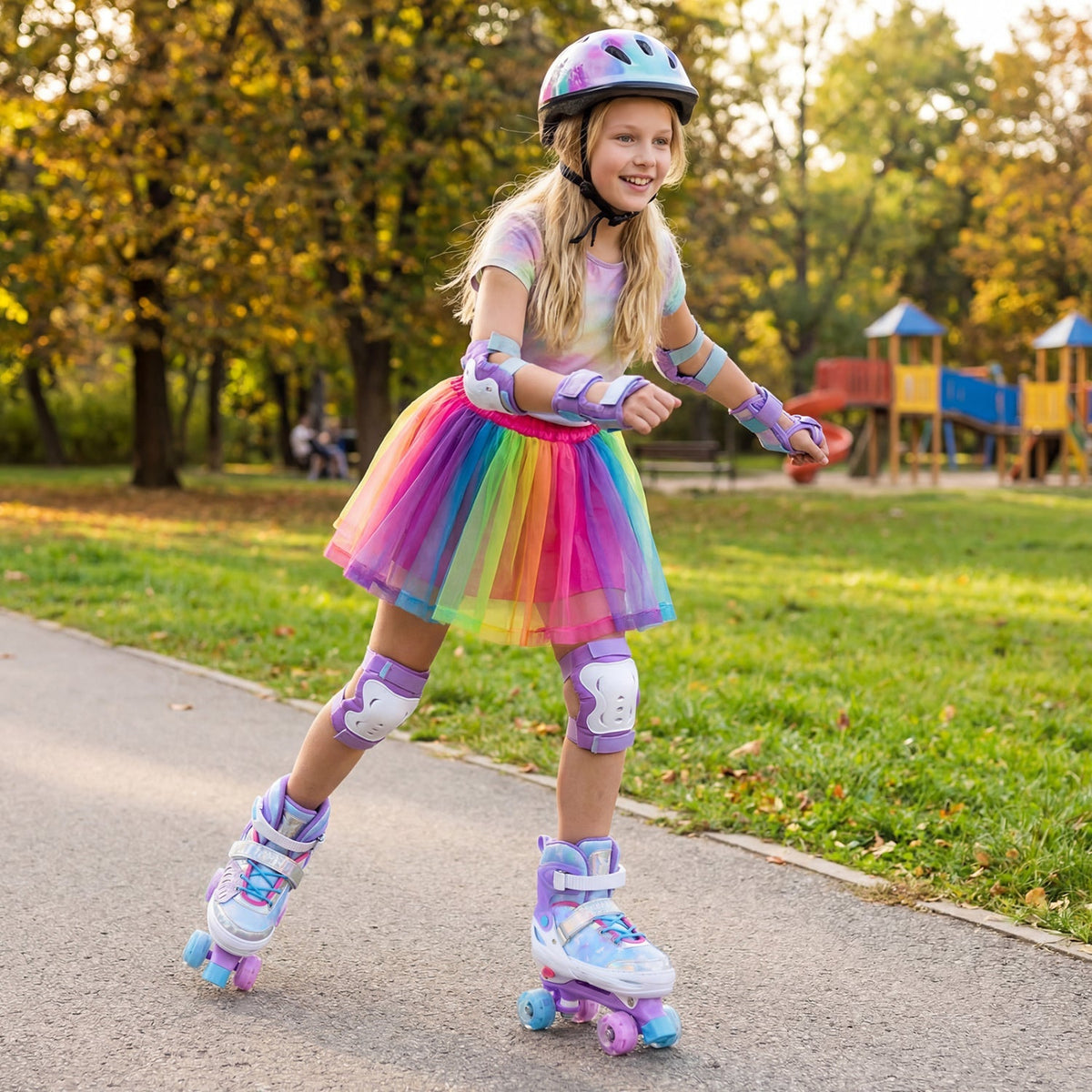 Adjustable kids roller skates in four sizes with light-up wheels, suitable for toddlers ages 9-14, by GBruno Store.