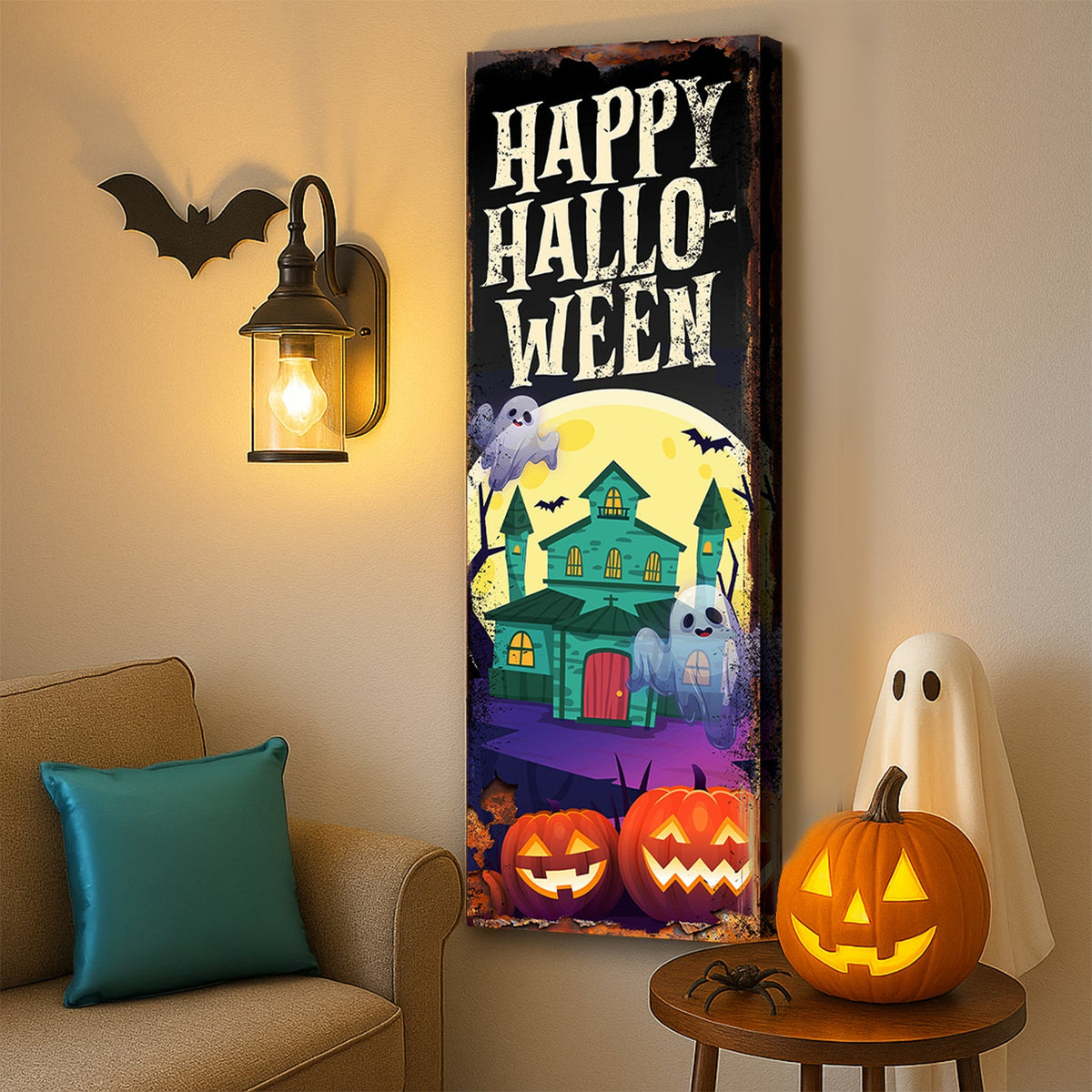 Halloween welcome sign canvas by Tailored Canvases with spooky ghost and pumpkin design for seasonal home decor.