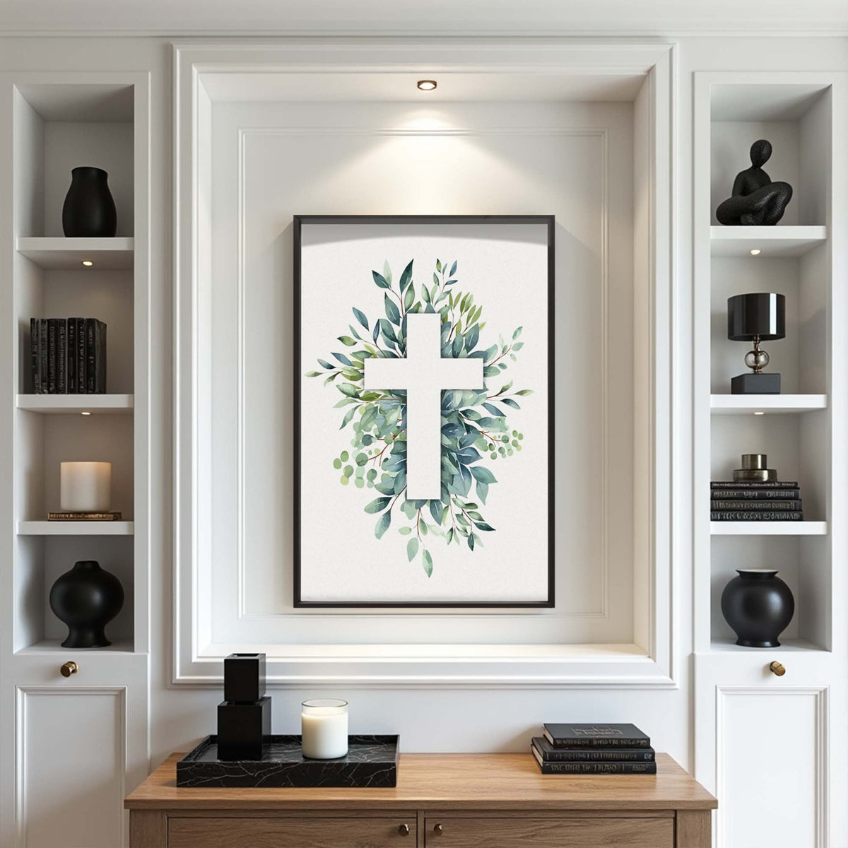 Canvas wall art featuring an evergreen cross with faith theme by Tailored Canvases, showcasing detailed religious imagery.