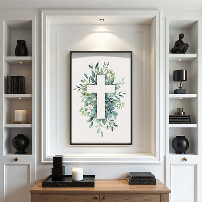 Canvas wall art featuring an evergreen cross with faith theme by Tailored Canvases, showcasing detailed religious imagery.
