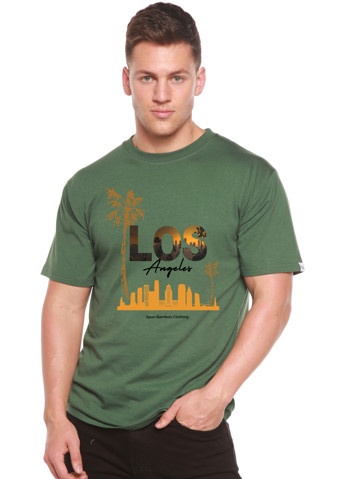 Spun Bamboo men's graphic T-shirt made of bamboo viscose and organic cotton, featuring a Los Angeles design on short sleeves.