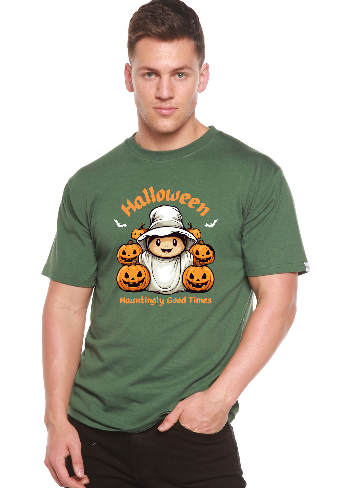 Men's Halloween graphic T-shirt by Spun Bamboo featuring short sleeves and a hauntingly good times print in bamboo viscose and organic cotton.