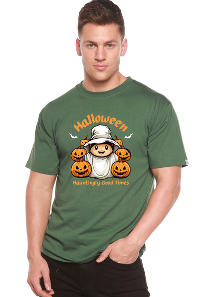 Men's Halloween graphic T-shirt by Spun Bamboo featuring short sleeves and a hauntingly good times print in bamboo viscose and organic cotton.