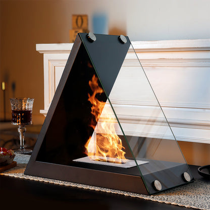 Glass tabletop fireplace by JHY DESIGN featuring gel and ethanol flames, with a sleek rectangular design and visible fire chamber.