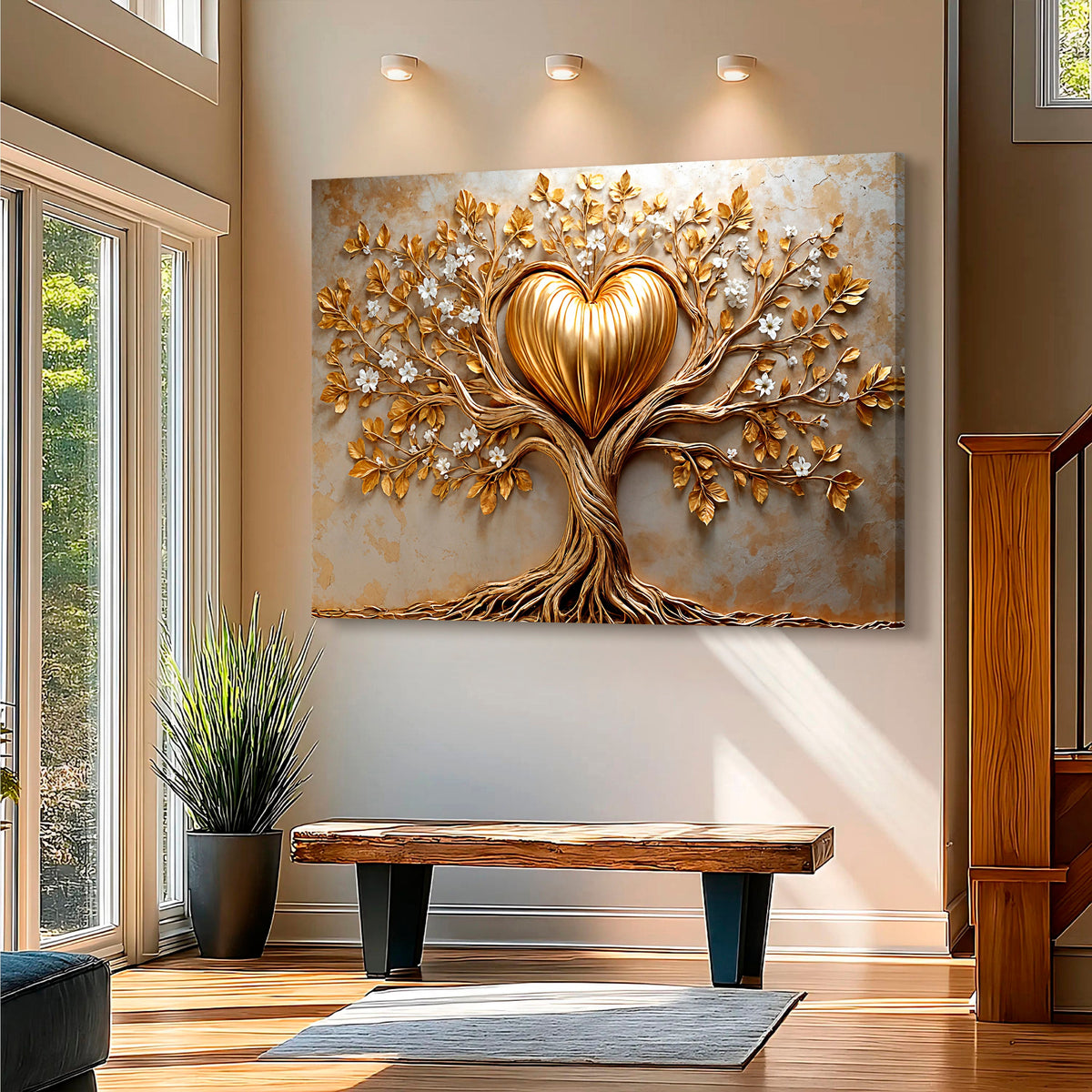 Golden tree heart wall art canvas by Tailored Canvases featuring a vibrant golden tree design on a decorative wall piece.