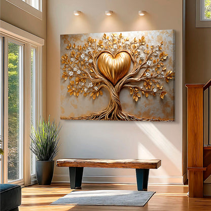 Golden tree heart wall art canvas by Tailored Canvases featuring a vibrant golden tree design on a decorative wall piece.