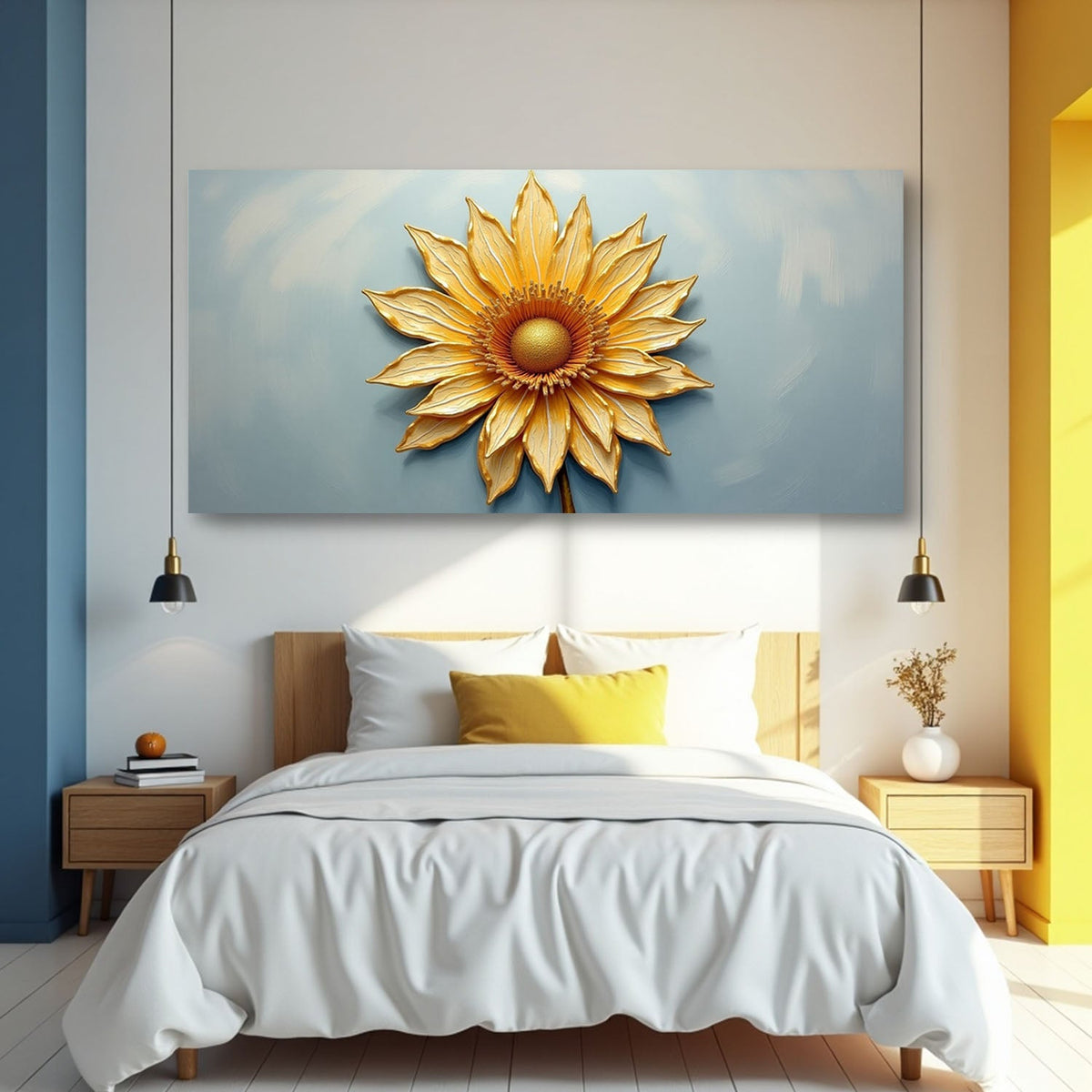Golden dandelion abstract wall art on canvas by Tailored Canvases, featuring a minimalist design with golden floral elements.