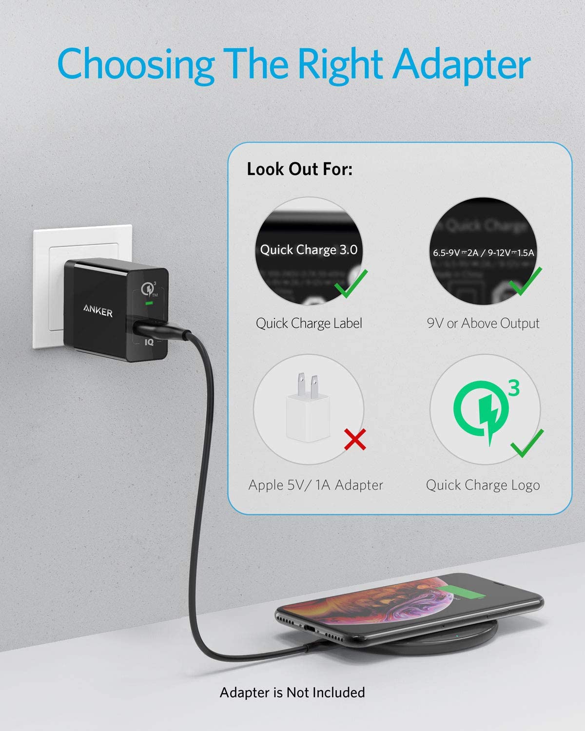 Anker 313 wireless charging pad for smartphones, slim black pad with smooth surface, designed for convenient wireless phone charging.