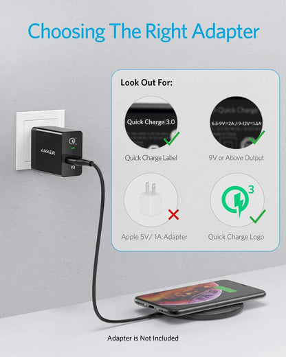 Anker 313 wireless charging pad for smartphones, slim black pad with smooth surface, designed for convenient wireless phone charging.