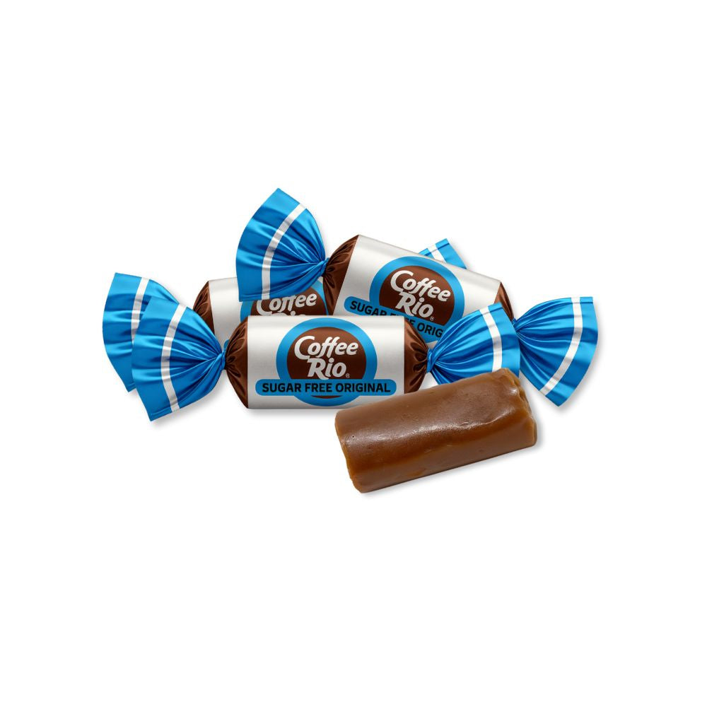 Sugar-free Coffee Rio Original Roast Candy in a bulk value bag, showing colorful coffee-flavored candies in a resealable package.