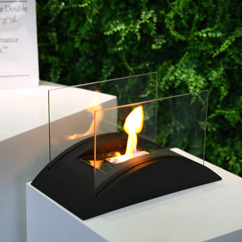JHY DESIGN 13.5-inch rectangular tabletop fireplace with gel and ethanol burners, modern design, and glowing flames.