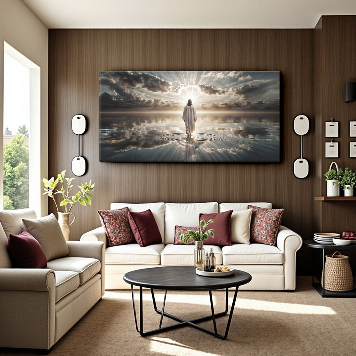 Faith wall art canvas titled "Walking on Water" by Tailored Canvases, featuring a serene water scene with spiritual imagery.