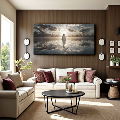 Faith wall art canvas titled "Walking on Water" by Tailored Canvases, featuring a serene water scene with spiritual imagery.