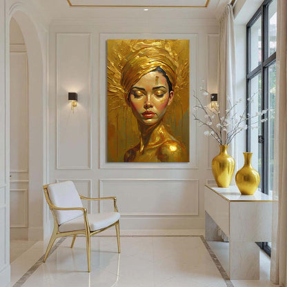 Golden Serenity woman wall art canvas by Tailored Canvases featuring elegant, abstract gold-toned design for home decor.