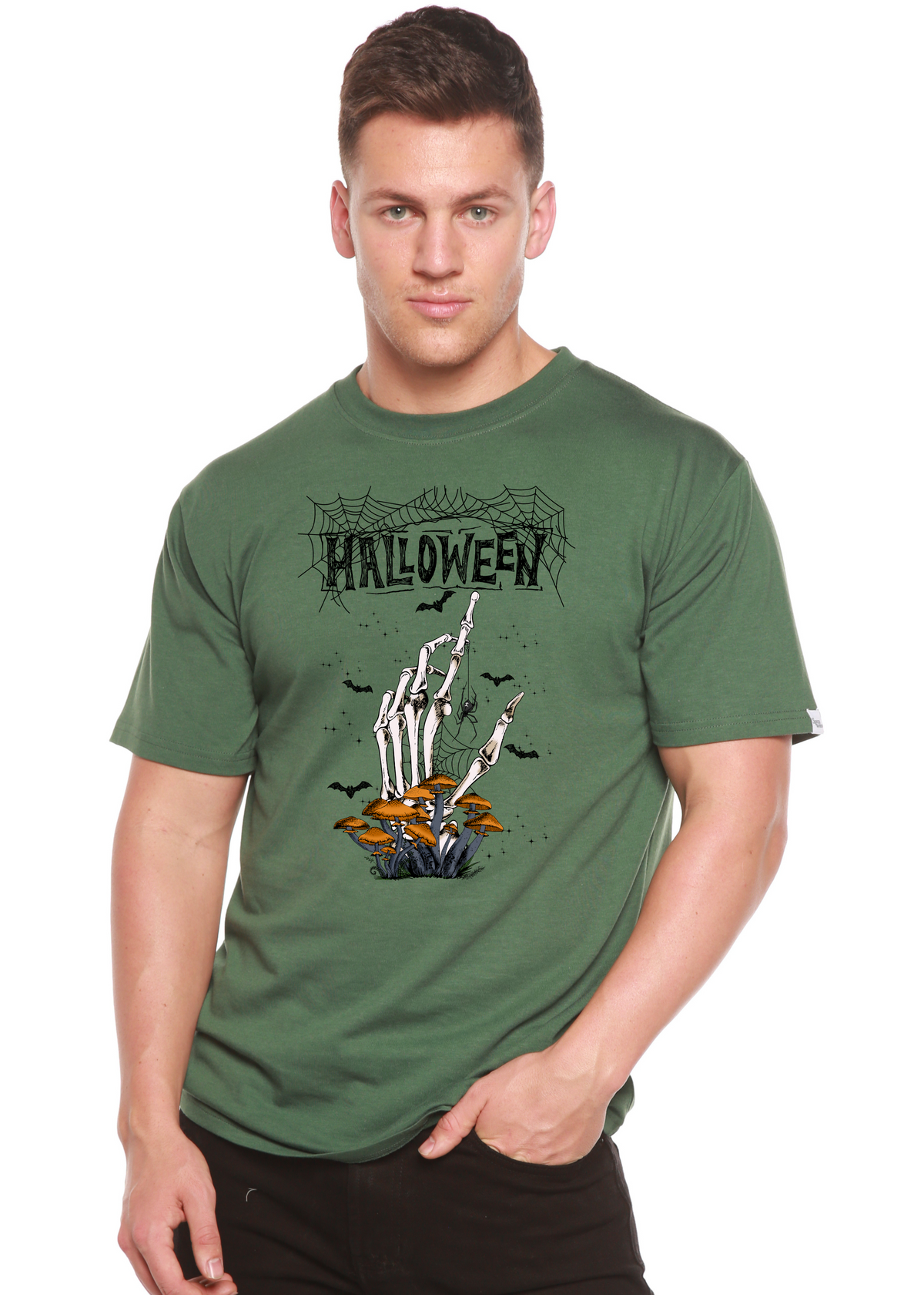 Men's Halloween graphic T-shirt by Spun Bamboo, short sleeve with bamboo viscose and organic cotton, featuring spooky print design.