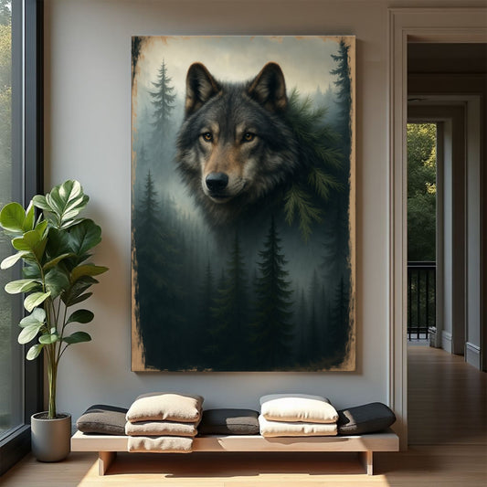 Wolf double exposure wall art canvas by Tailored Canvases, featuring a striking wolf design with artistic double exposure effect.