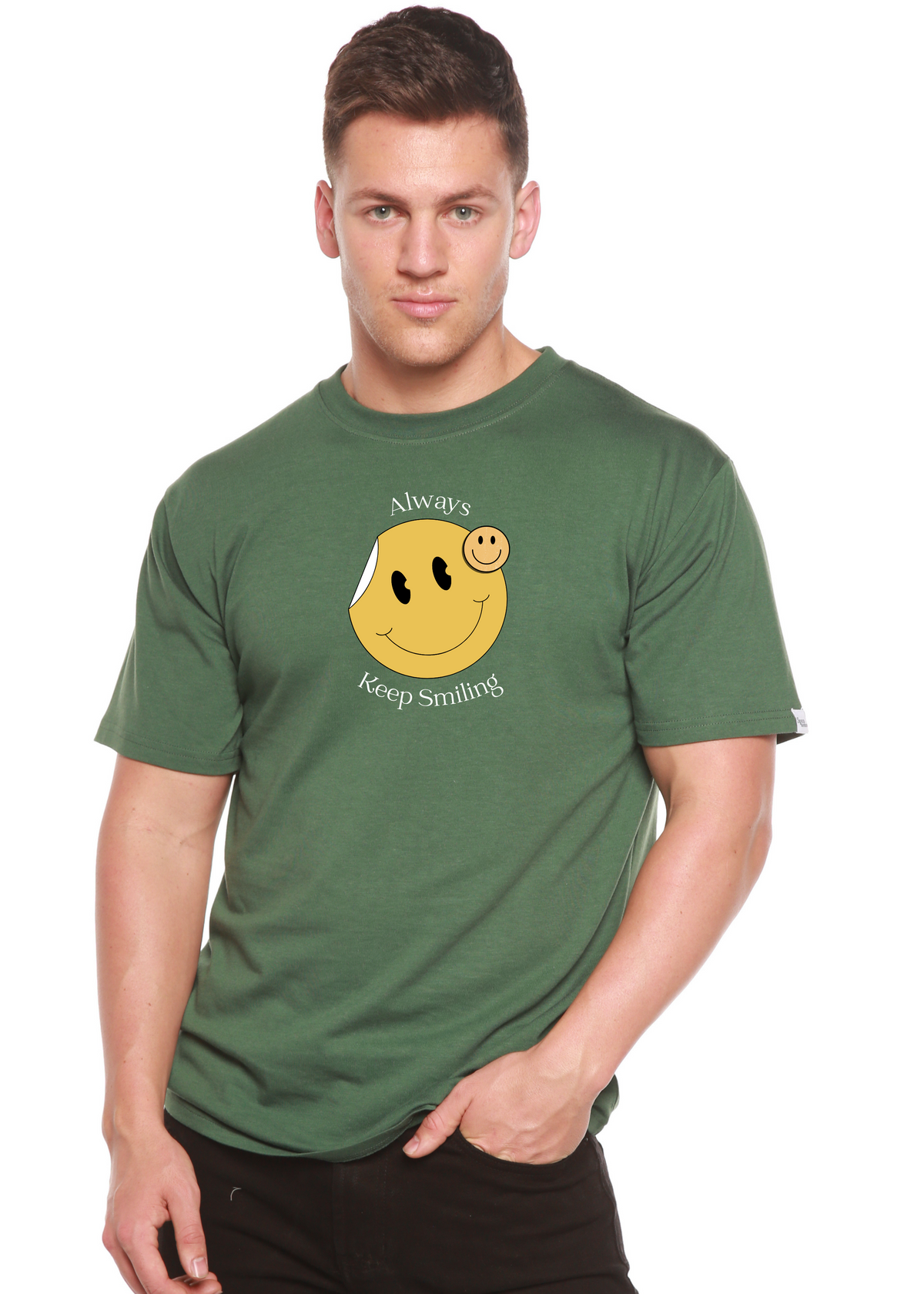 Men's Spun Bamboo graphic T-shirt with a smiling design, made from bamboo viscose and organic cotton, short sleeve, printed.