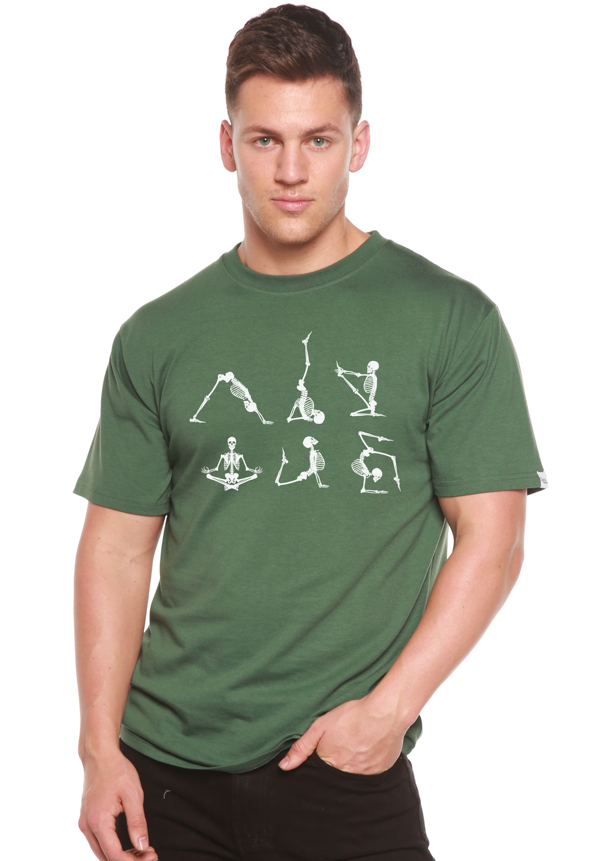 Men's Halloween Skeleton Namaste T-shirt by Spun Bamboo, short sleeve graphic tee with skeleton design in bamboo viscose and organic cotton.