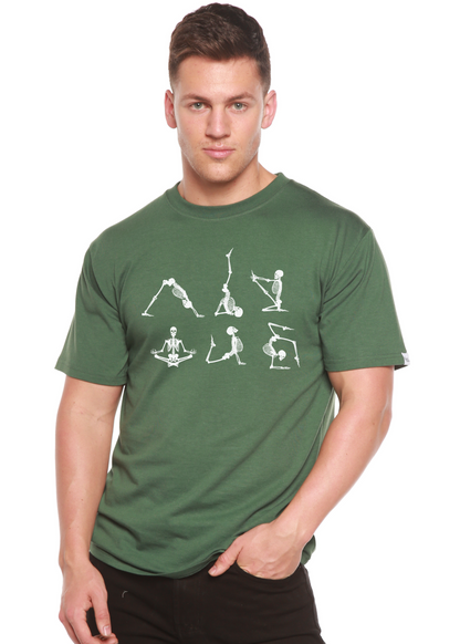 Men's Halloween Skeleton Namaste T-shirt by Spun Bamboo, short sleeve graphic tee with skeleton design in bamboo viscose and organic cotton.