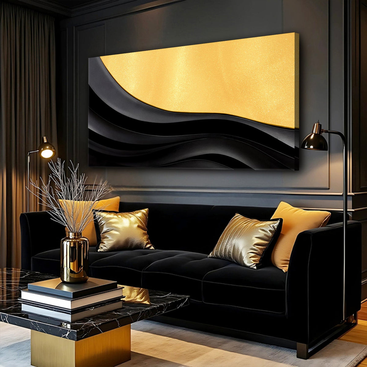 Black and gold minimalist abstract canvas artwork by Tailored Canvases, featuring modern geometric design on a neutral background.