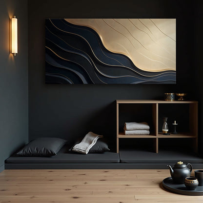 Black and gold minimalist abstract canvas artwork by Tailored Canvases, featuring sleek geometric shapes on a neutral background.
