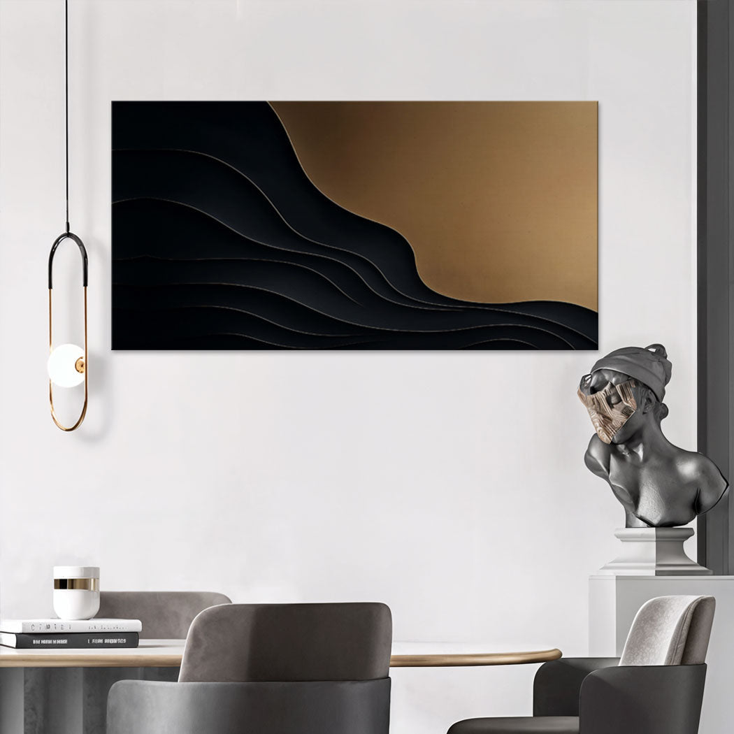 Black and gold minimalist abstract X canvas artwork by Tailored Canvases, featuring modern geometric design on a neutral background.
