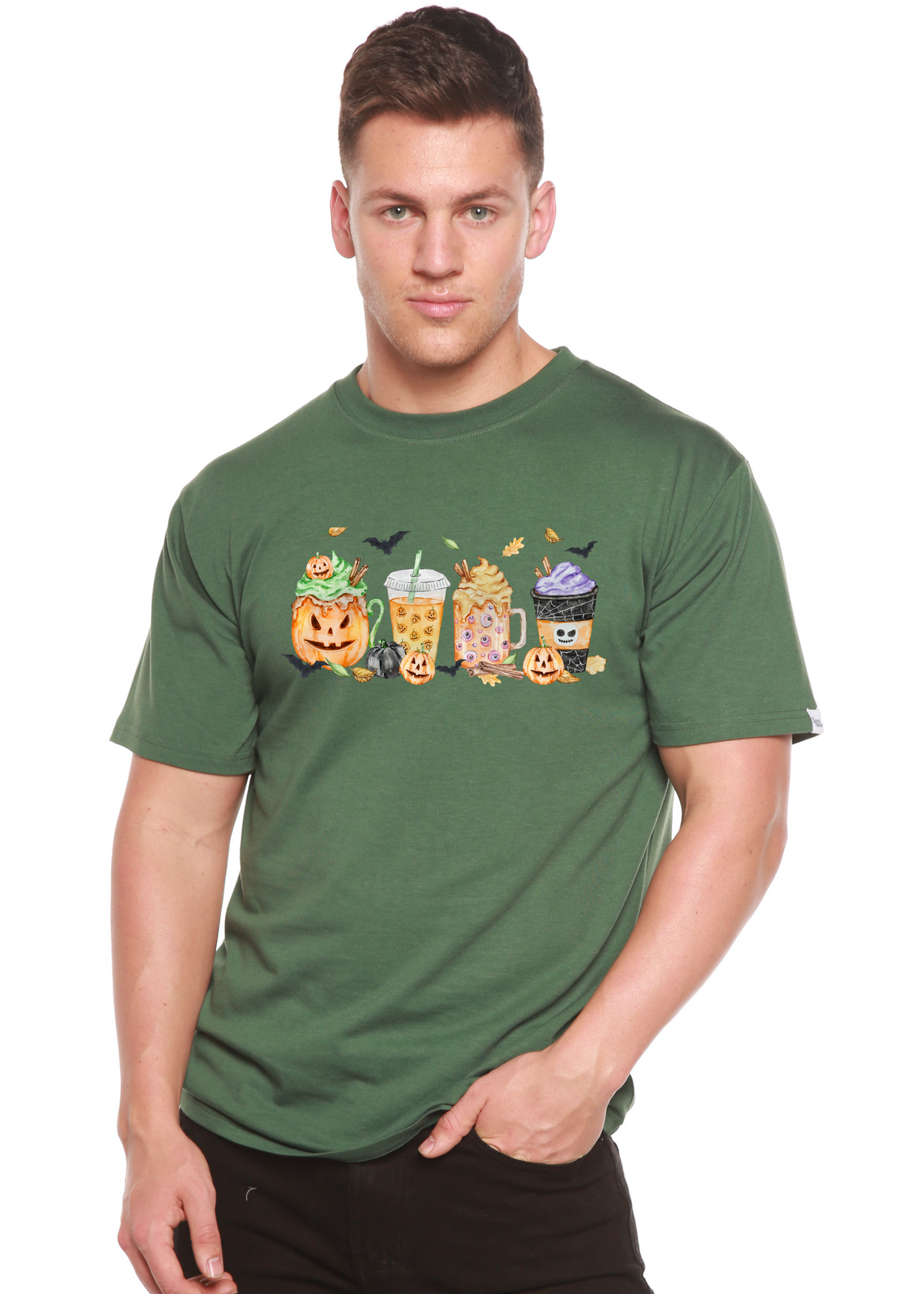 Happy Halloween men's graphic T-shirt by Spun Bamboo, featuring a short sleeve bamboo viscose and organic cotton fabric with Halloween print.