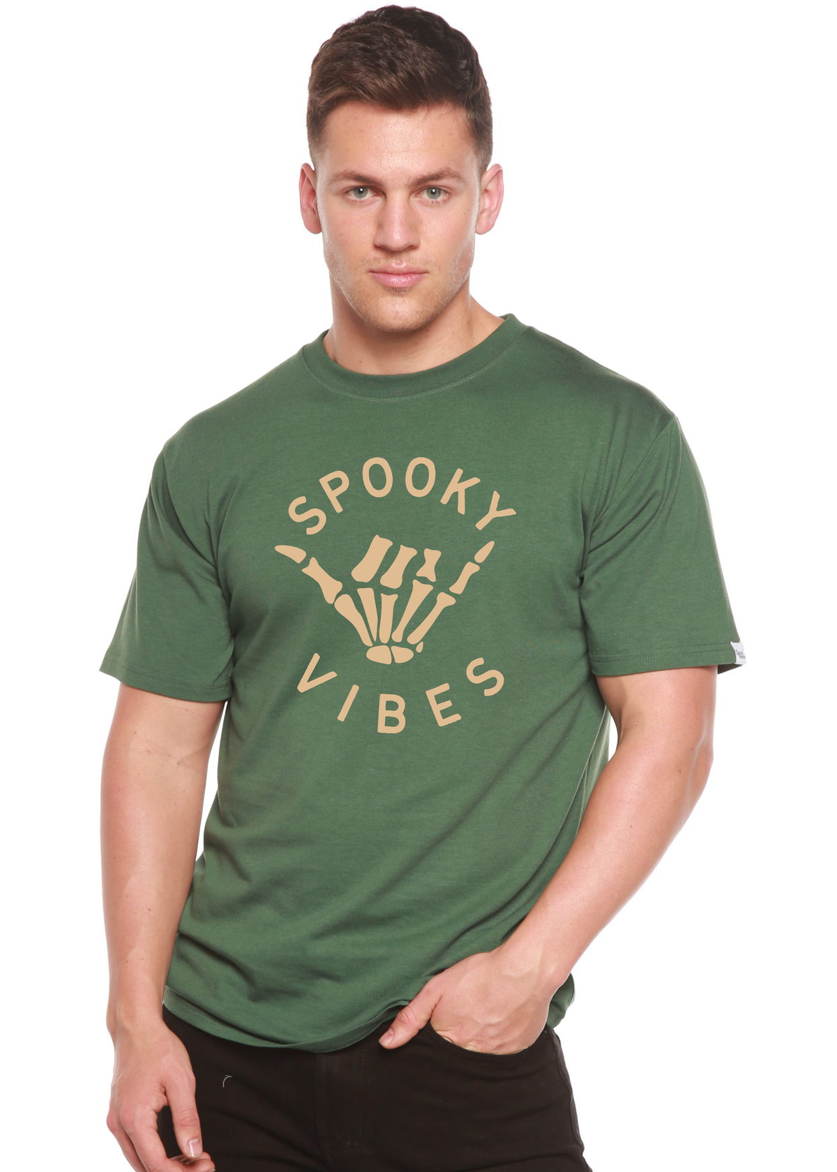 Men's Spooky Vibes graphic T-shirt by Spun Bamboo, short sleeve shirt made of bamboo viscose and organic cotton with spooky design.