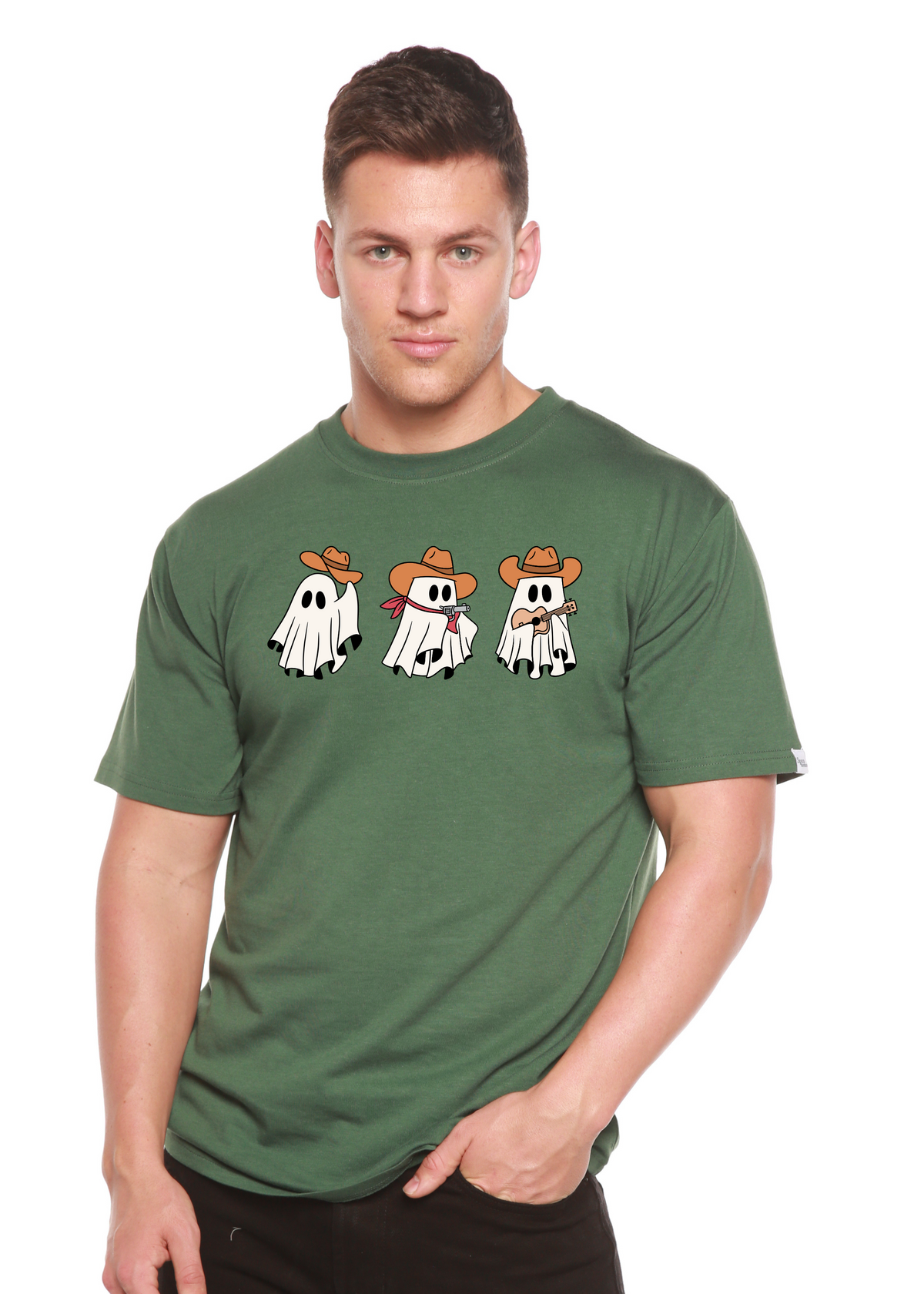 Unisex cowboy ghost graphic T-shirt made of bamboo viscose and organic cotton by Spun Bamboo, featuring a printed cowboy ghost design.