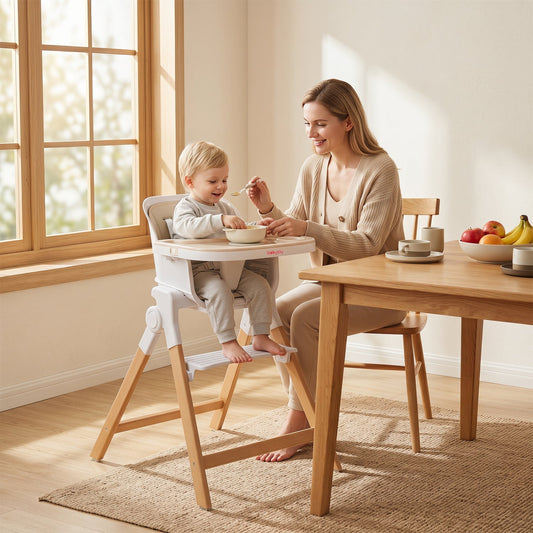 GBruno Store 4-in-1 convertible baby high chair with adjustable tray and secure seating for infants and toddlers.