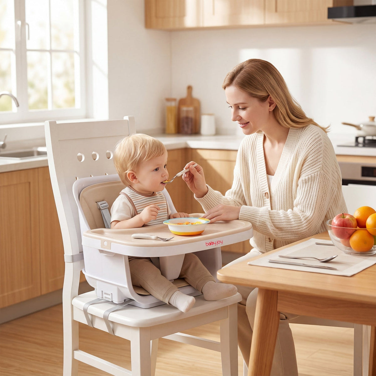 Convertible baby high chair with adjustable tray, featuring multiple seating options for growing infants.