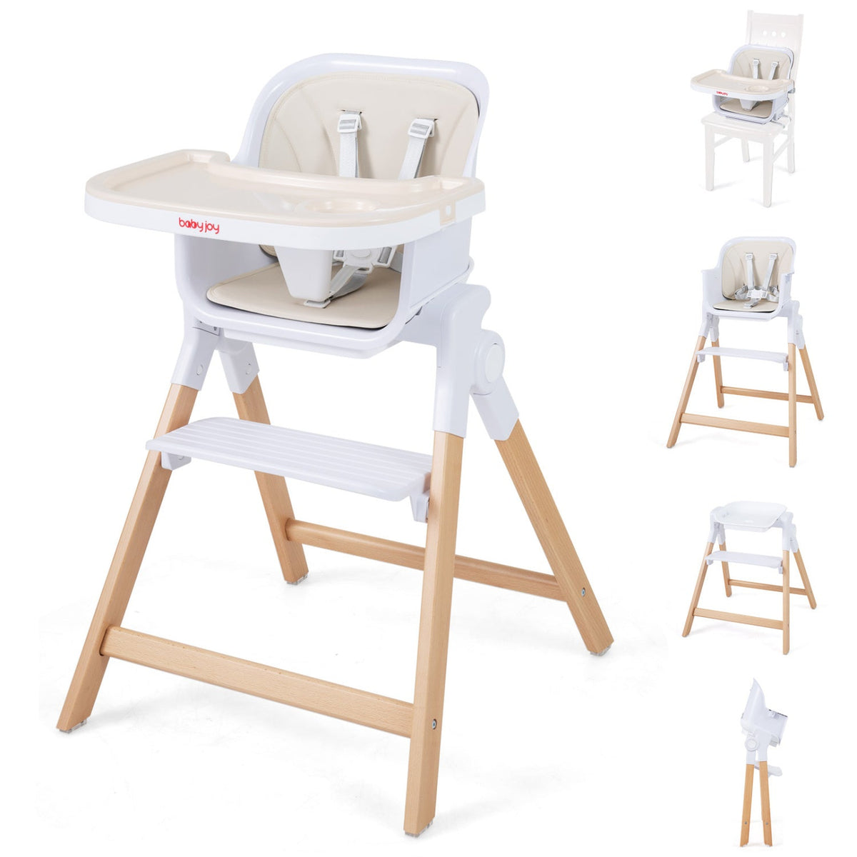 GBruno Store 4-in-1 convertible baby high chair with adjustable tray, showing the chair in different positions and colors
