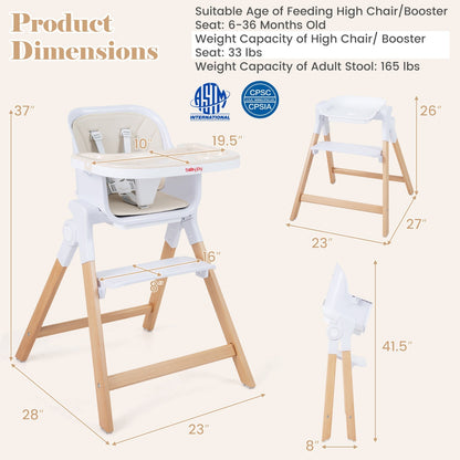 Convertible baby high chair with adjustable tray, featuring a safe and sturdy design for feeding and seating infants and toddlers.