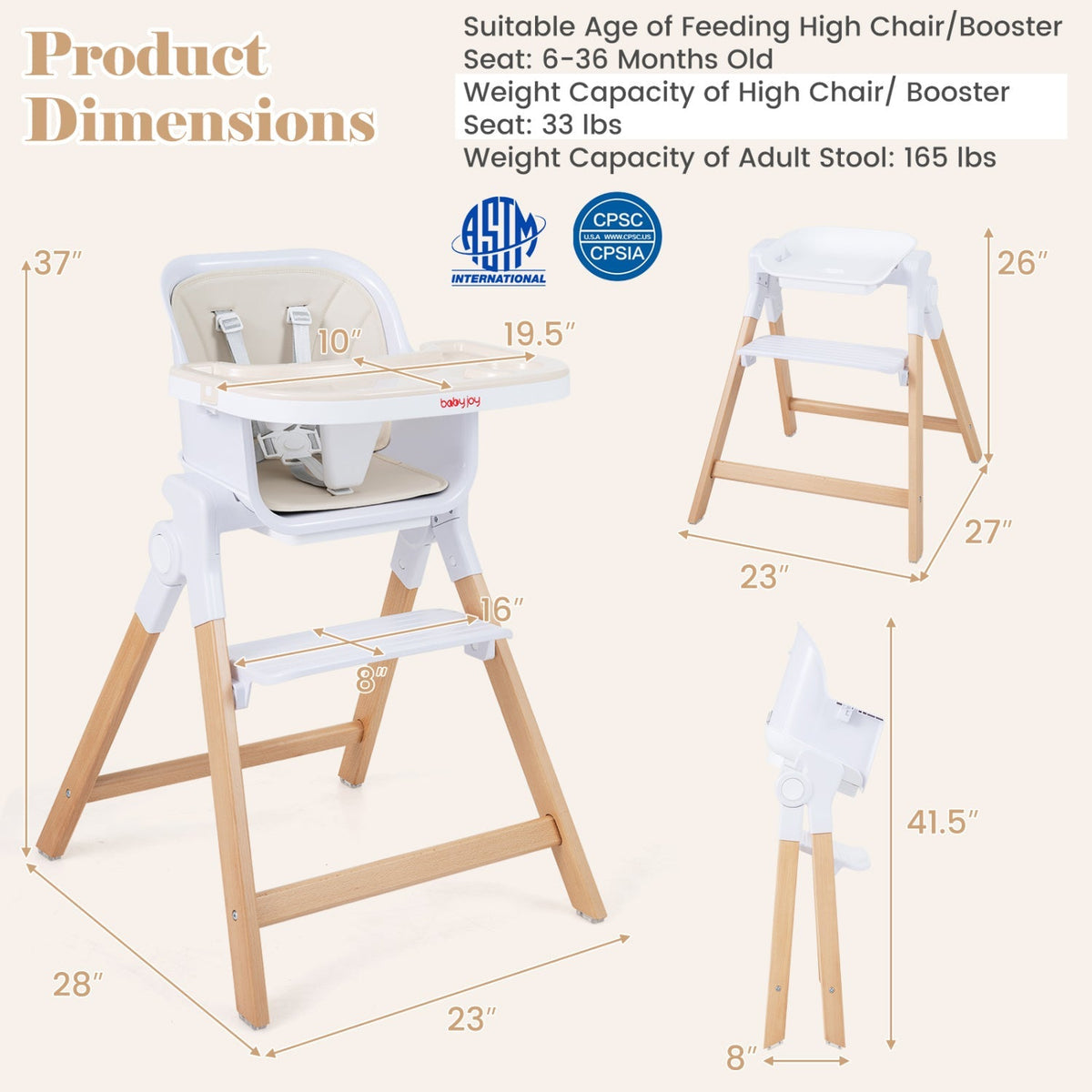 GBruno Store 4-in-1 convertible baby high chair with adjustable tray, featuring multiple seating positions and safety harness.