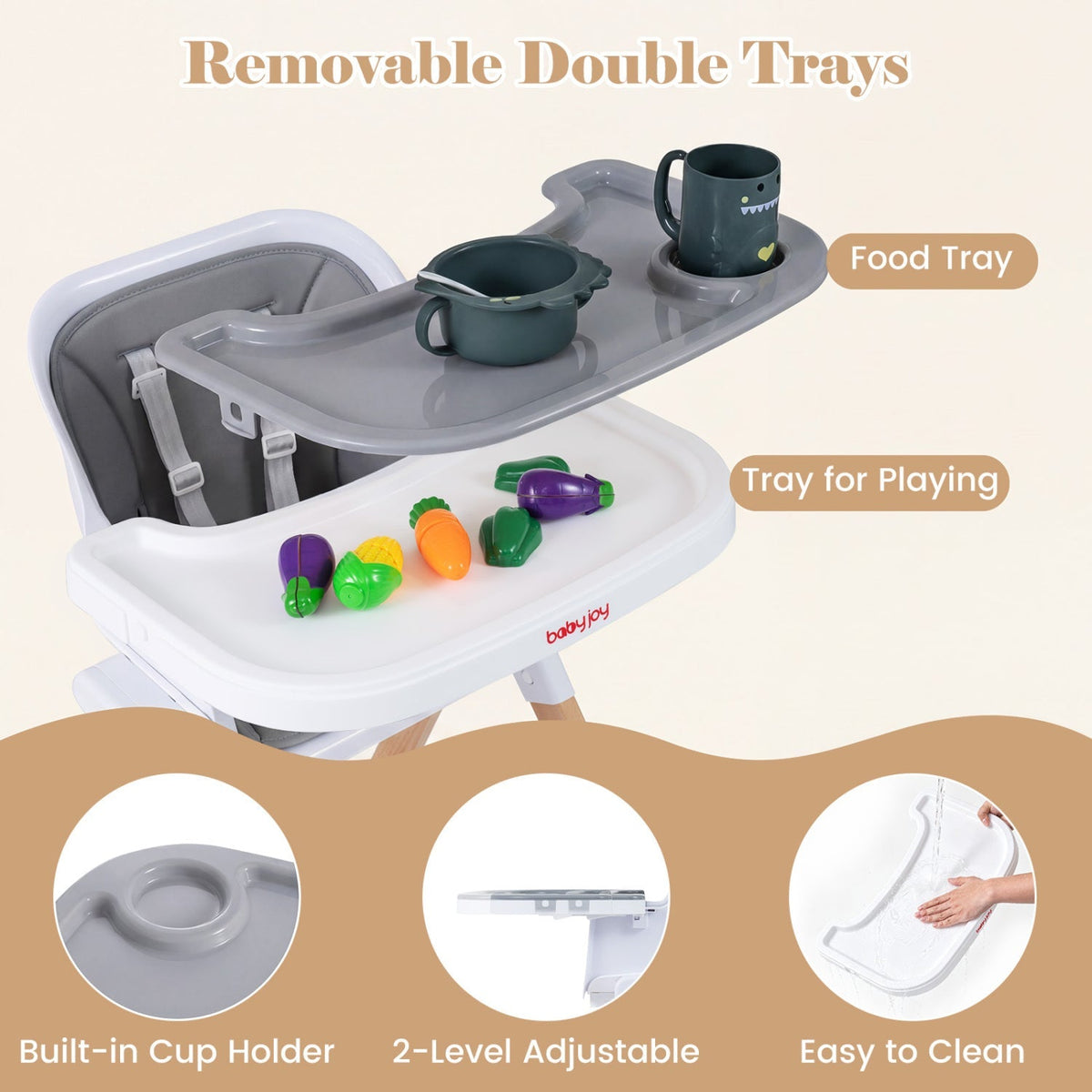 Convertible baby high chair with adjustable tray and multiple seating modes, designed for comfort and safety.