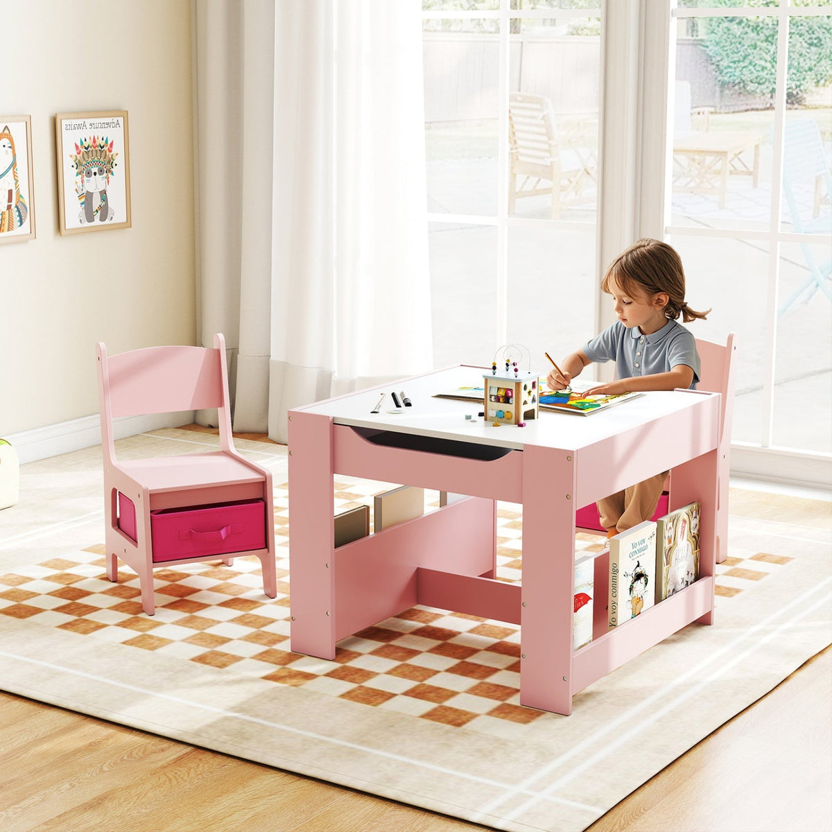 Kids activity table and 2 chairs set with reversible tabletop by GBruno Store, perfect for toddlers' play and learning.