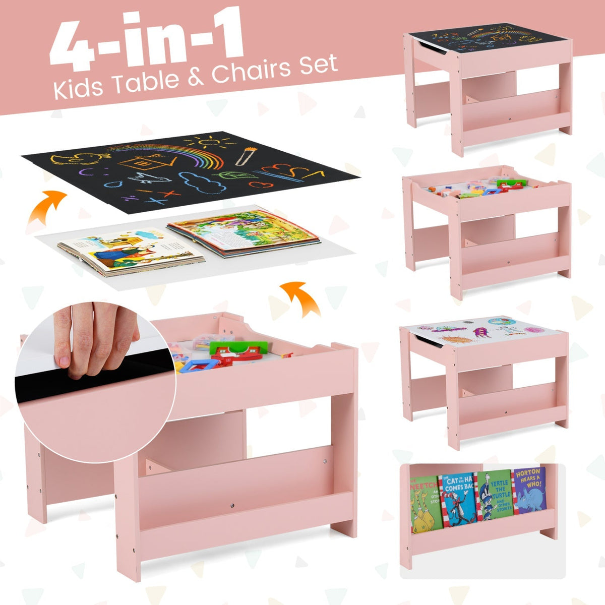 Kids activity table and two chairs set with reversible tabletop from GBruno Store, ideal for toddlers' play and learning.