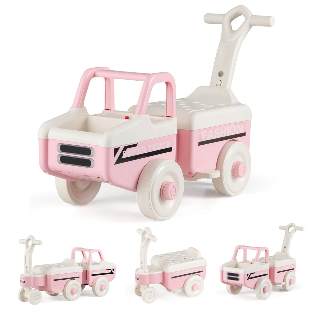 GBruno Store 4-in-1 ride-on push car with music, storage, and adjustable features for toddlers and young children.