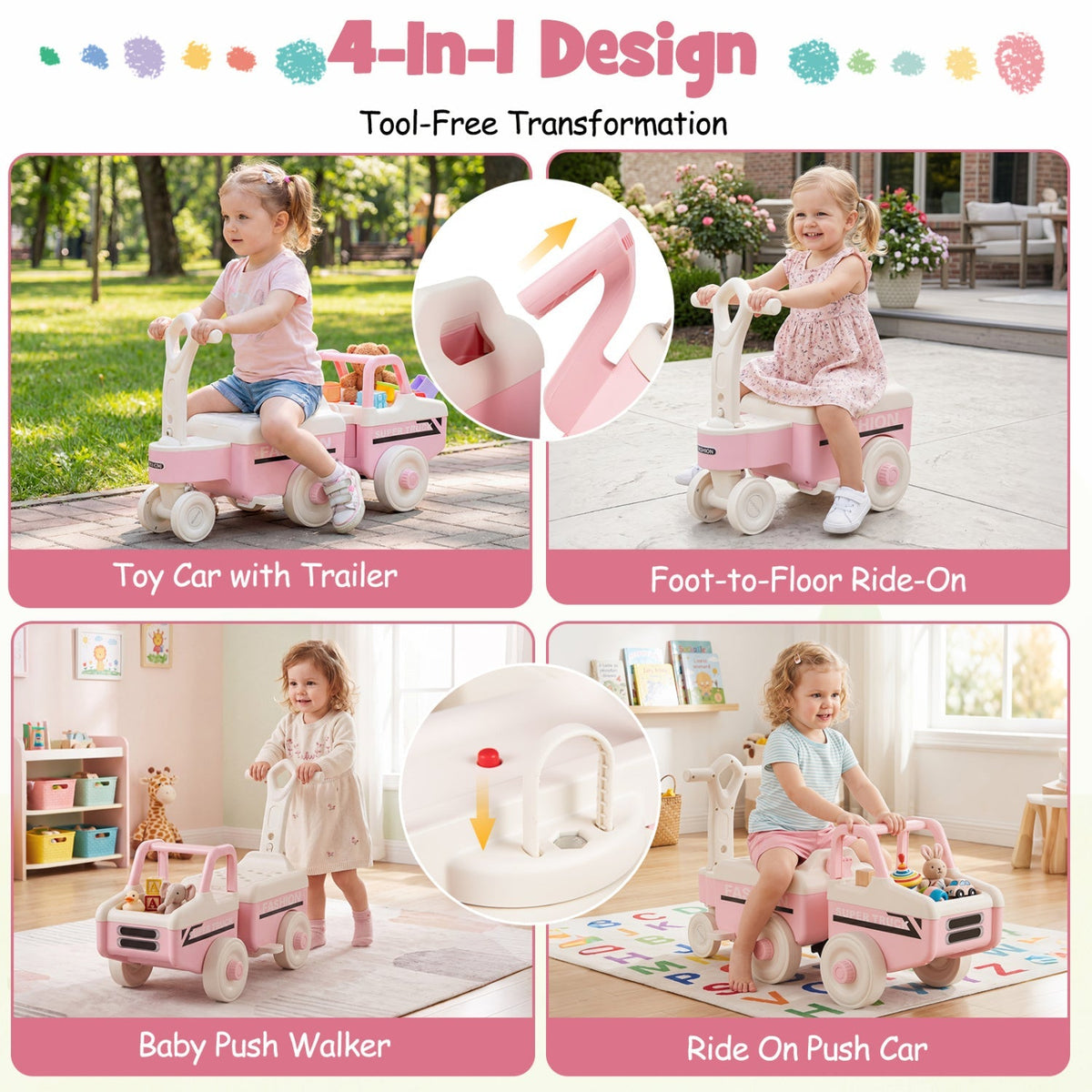 Four-in-one GBruno Store ride-on push car with music, storage compartment, and adjustable seat for toddlers.