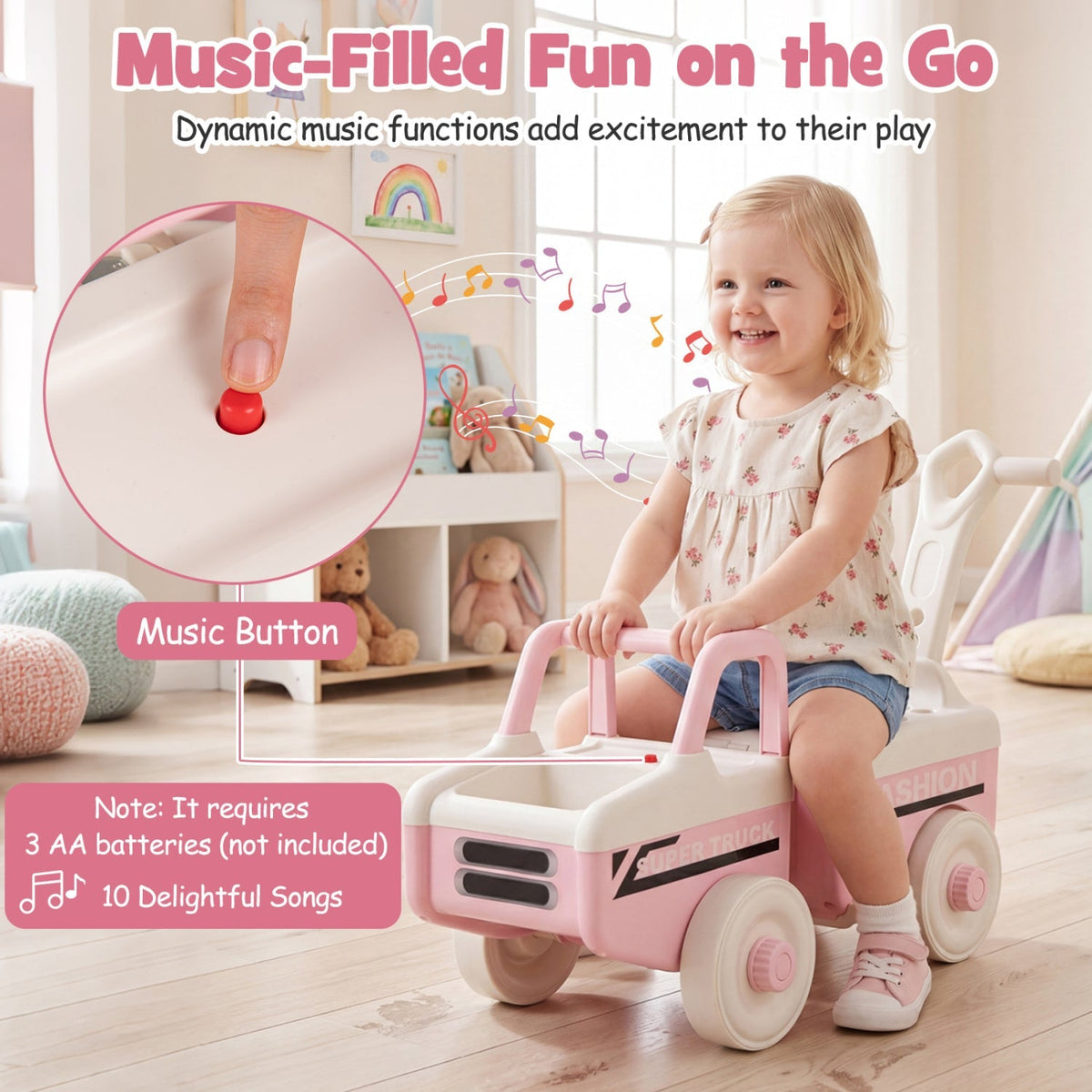 GBruno Store 4-in-1 Ride On Push Car with music, storage compartments, and sturdy design for toddlers.